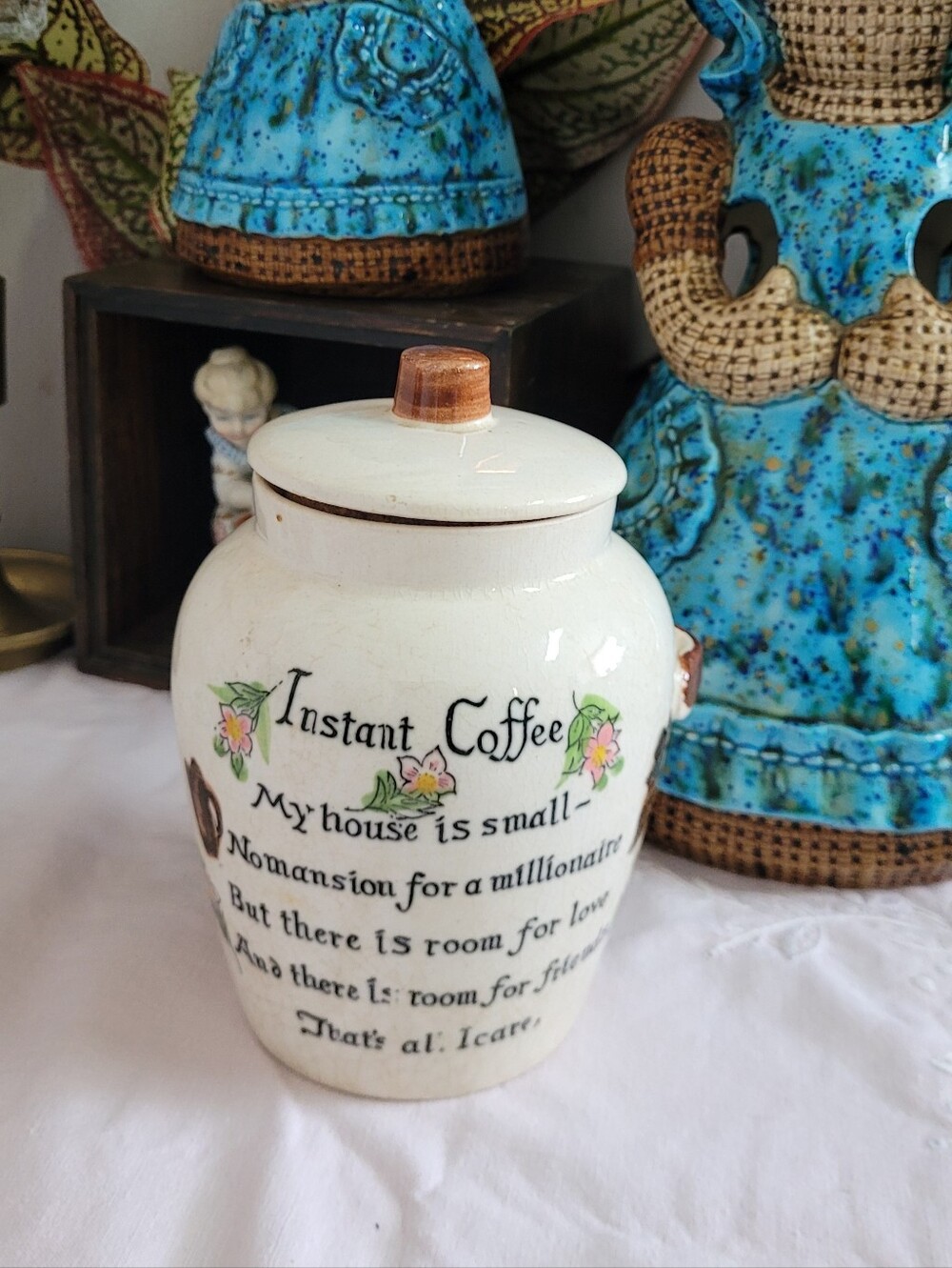 Vintahe Instant Coffee Ceramic Canister Jar with Floral Script Japan